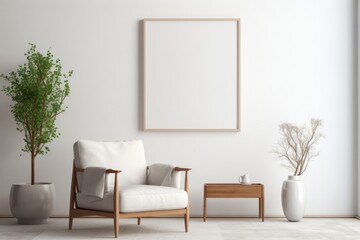Interior of living room with coffee table and white beige fabric armchair, an empty poster on the wall. Template. Generative AI.