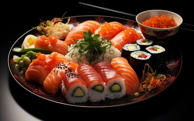 A plate of sushi on a black table. AI