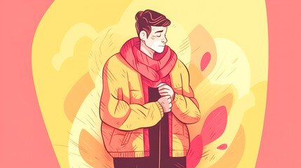 A young man in a jacket on a pink and yellow background, generative AI.