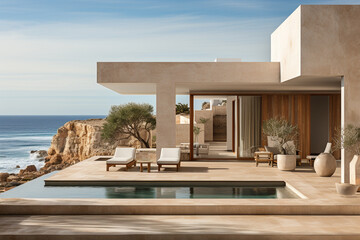 luxury mediterranean house with ocean view, generative ai