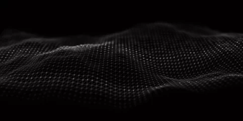 Foto op Plexiglas Abstract white particle background. Flow wave with dot landscape. Digital data structure. Future mesh or sound grid. Pattern point visualization. © fantasyform