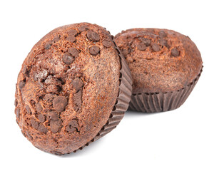 Muffin chocolate sweet bakery with choco drops isolated on the white background