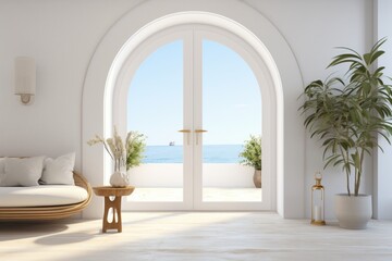 Interior design of modern villa, with doors and windows to balcony. Generative AI.