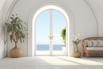 Interior design of modern villa, with doors and windows to balcony. Generative AI.