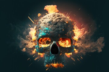 Human skull with explosion, smore, and fire inside