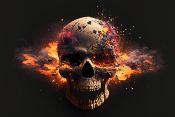 Human skull exploding on isolated background. 3d illustration. Front view.