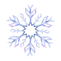 Snowflake. Watercolor illustration. Isolated. Holiday traditional decoration, symbol of winter and cold weather. For card, poster, greeting, postcard, invitation, banner.