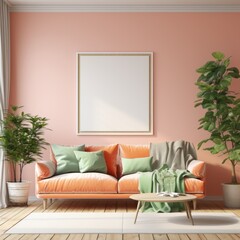 Modern pink interior with sofa and poster mockup with frame on empty wall in living room interior with bright sofa and pillows. Template. Generative AI.