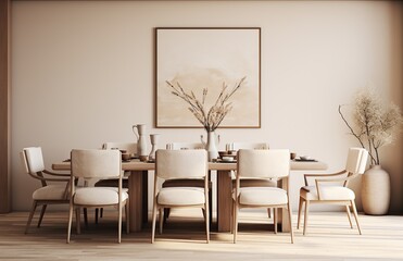 A luxurious minimalistic dining room with a beautiful painting adorning the wall, perfect for an intimate gathering of friends and family to share in a cozy yet stylish atmosphere