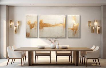 This luxurious, minimalistic dining room interior exudes sophistication and elegance, creating an inviting atmosphere perfect for gathering with friends and family