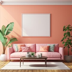 Modern pink interior with sofa and poster mockup with frame on empty wall in living room interior with pink sofa and pillows. Template. Generative AI.