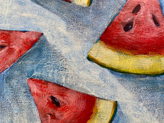 Watermelon. Fruit abstraction of watermelon. Juicy cut watermelon on the surface Illuminated by the rays of the sun. 