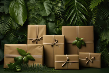 Fototapeta na wymiar Simple kraft eco-friendly cardboard boxes surrounded by green leaves, plants and jungle. Creative concept of eco-friendly packaging, nature protection, paper recycling. Generative AI.