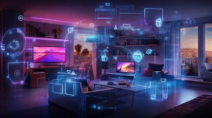 The concept of the Internet of Things with an image of a smart home, featuring various connected devices and appliances. Generative AI.