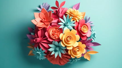 Flowers made by quilling on a blue background, generative AI.