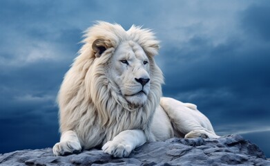 Majestic Male White Lion of Africa with clouds on the background. Generative AI.