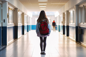 Schoolgirl walking alone down school hallway from the back. Lonely female student in corridor of school campus building going to classroom. Loneliness, harassment in childhood and bullying concept.