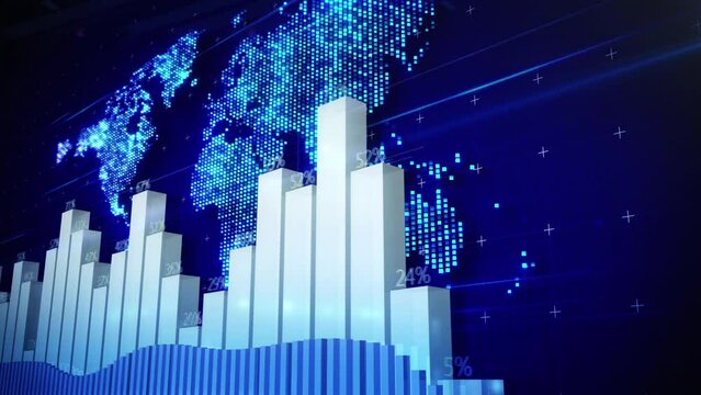 3D Bars and world map on the background.Stock Market Business and marketing.Blue and white.