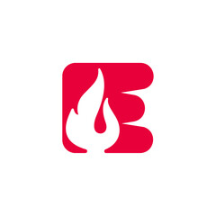 E letter logo with fire flames. Negative space vintage icon. Burning fast speed emblem. Vector for sport team wear, danger race posters, victory identity, camping labels, motorcycle customize company.