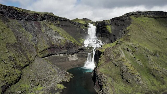 Aerial view of Ofaerufoss waterfall, Skaftarhreppur, Eldgja in the western part of Vatnajokull National Park, Iceland.