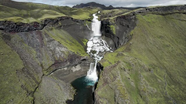 Aerial view of Ofaerufoss waterfall, Skaftarhreppur, Eldgja in the western part of Vatnajokull National Park, Iceland.