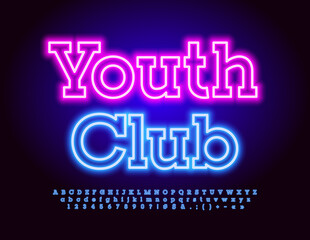 Vector glowing poster Youth Club. Trendy Neon Font. Bright Alphabet Letters, Numbers and Symbols set