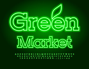 Vector advertising Banner Green Market. Bright Electric Font. Modern Neon Alphabet Letters and Numbers
