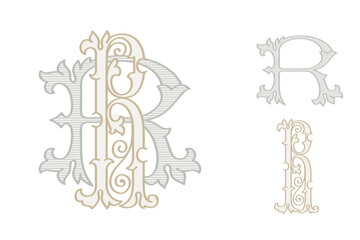 R letter wedding monogram creator kit. Elegant historical style alphabet for party invitations. This set includes Wide and Narrow capitals for your own emblem. Find full set in my profile.