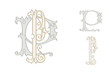 P letter wedding monogram creator kit. Elegant historical style alphabet for party invitations. This set includes Wide and Narrow capitals for your own emblem. Find full set in my profile.