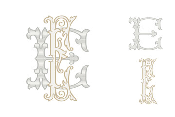 E letter wedding monogram creator kit. Elegant historical style alphabet for party invitations. This set includes Wide and Narrow capitals for your own emblem. Find full set in my profile.