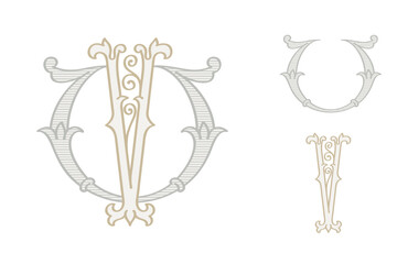 V letter wedding monogram creator kit. Elegant historical style alphabet for party invitations. This set includes Wide and Narrow capitals for your own emblem. Find full set in my profile.