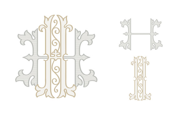 H letter wedding monogram creator kit. Elegant historical style alphabet for party invitations. This set includes Wide and Narrow capitals for your own emblem. Find full set in my profile.