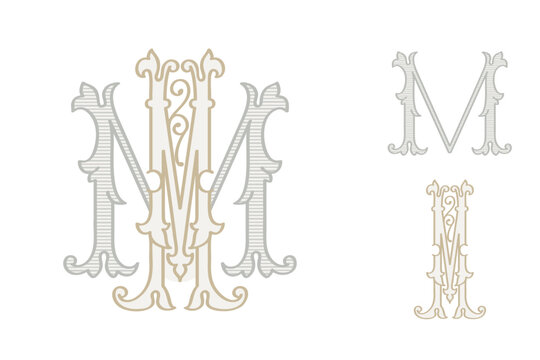 M letter wedding monogram creator kit. Elegant historical style alphabet for party invitations. This set includes Wide and Narrow capitals for your own emblem. Find full set in my profile.