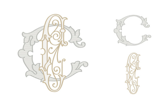 C letter wedding monogram creator kit. Elegant historical style alphabet for party invitations. This set includes Wide and Narrow capitals for your own emblem. Find full set in my profile.