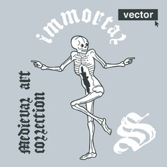 Skeleton medieval style illustration. Engraving art with blackletter calligraphy. Vector for Halloween invitations, gothic emblem, pagan music logo, witchcraft potions packaging, black magic labels.