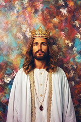 portrait of Jesus in white clothes and golden crown. Generative Ai