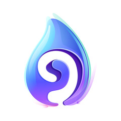 9 logo. Pure water drop number nine logo. Eco-friendly 3D realistic icon. Wild wave initial in overlapping watercolor style. Dew droplet for healthy drink bottle emblem. Font for filter, nature art.