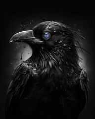 Generated photorealistic portrait of a black crow in black and white