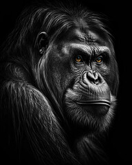 Generated photorealistic close-up portrait of a wild orangutan in black and white