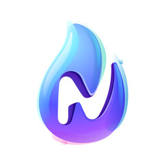 Pure water drop N letter logo. Eco-friendly 3D realistic icon. Wild wave initial in overlapping watercolor style. Dew droplet for healthy drink bottle emblem. Font for filter labels, nature posters.