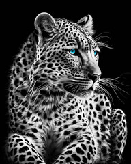 Generated photorealistic portrait of a lying white leopard in black and white format