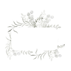 Trendy Grey and dusty green watercolor eucalyptus frame banner. Spring and winter botanical border illustration for wedding, greeting card, wreath, website. Botanical foliage on white background