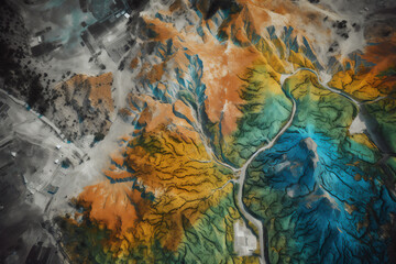 Digital elevation model. GIS product made with generative AI technology. It shows high rocky and steep mountain peaks. At their feet are visible valleys and mountain lakes