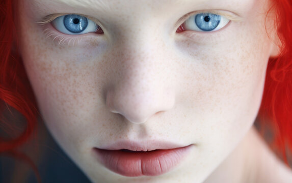 Close-up portrait of an albino girl with very fair skin, blue eyes and red hair