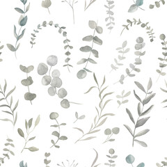 Dusty pastel green eucalyptus foliage seamless pattern for stationery, tape, fabrics, nursery, covers, bedding, wallpaper. Retro vintage style greenery
