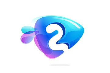 2 logo. Number two made of spring water and dew drops. Environment friendly initial. Pure eco emblem in overlapping watercolor style. 3D realistic icon in triangle arrow shape. Vector play button.