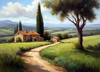 Naklejka premium Farmhouse among rolling hills, Oil painting.
