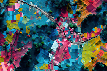3d image of village with height colors. Satellite data created by generative ai - obrazy, fototapety, plakaty