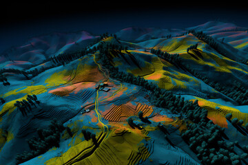 3d image of village with height colors. Satellite data created by generative ai