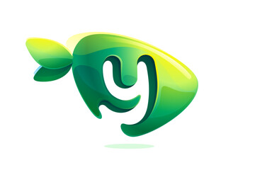 Environment friendly Y letter initial. 3D realistic icon cut out of triangle arrow shape. Forest eco logo with green leaves in watercolor style. Vector for play button, healthy food, agriculture adv.